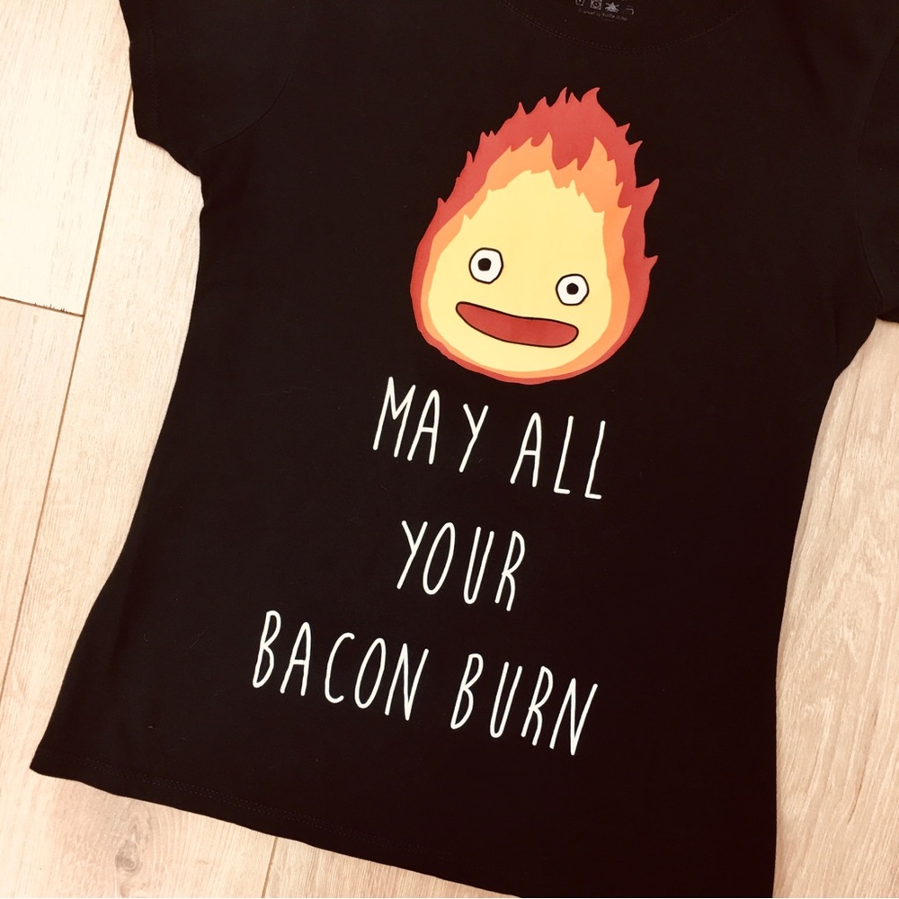 Black Graphic Tee Flame Cartoon and 'May All Your Bacon Burn' top shirt medium